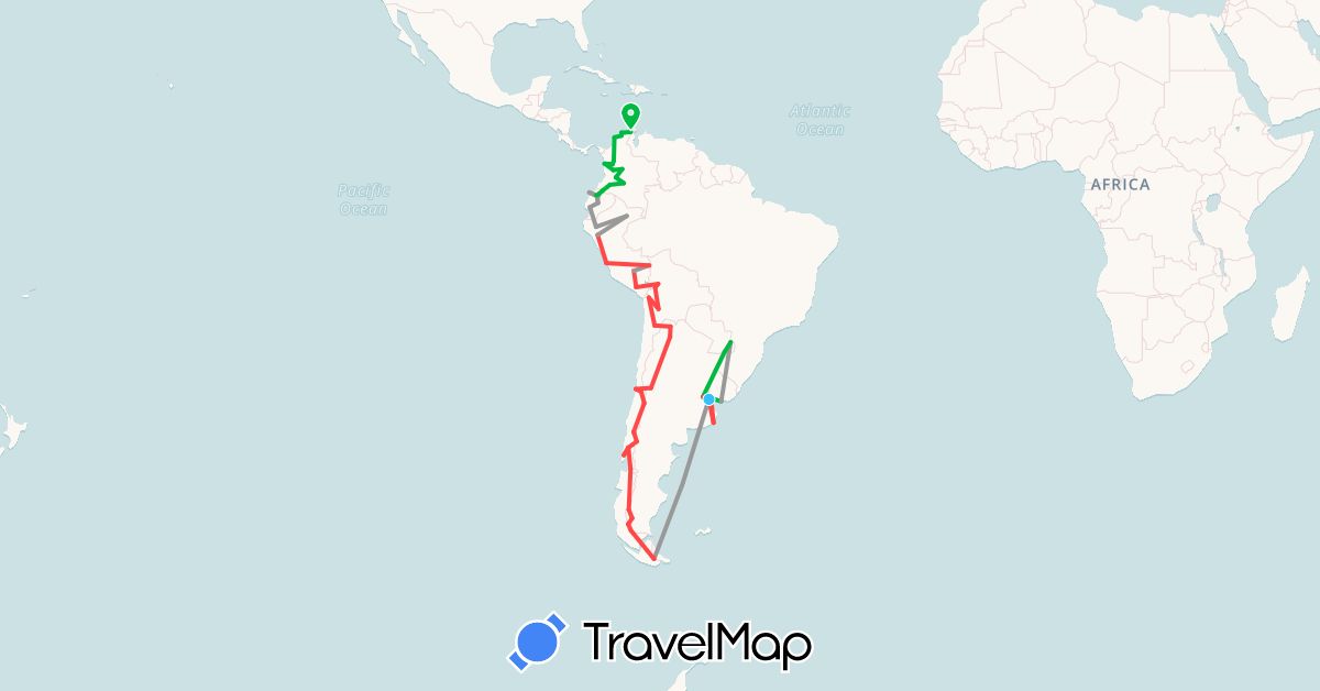 TravelMap itinerary: bus, plane, hiking, boat in Argentina, Bolivia, Chile, Colombia, Ecuador, Peru, Uruguay (South America)